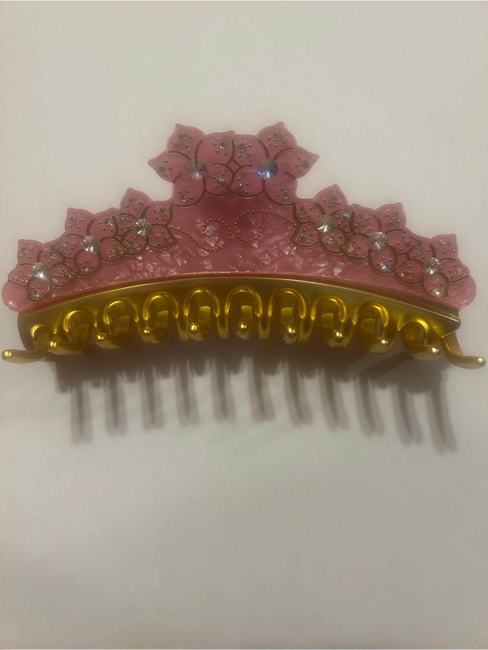 Pink Floral Rhinestone Jaw Clip with Gold-Tone Base